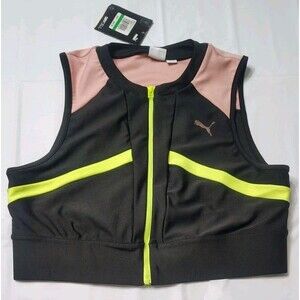 NEW PUMA Chase Full Zip Crop Top Black Pink Neon Yellow Women's Size L Sporty